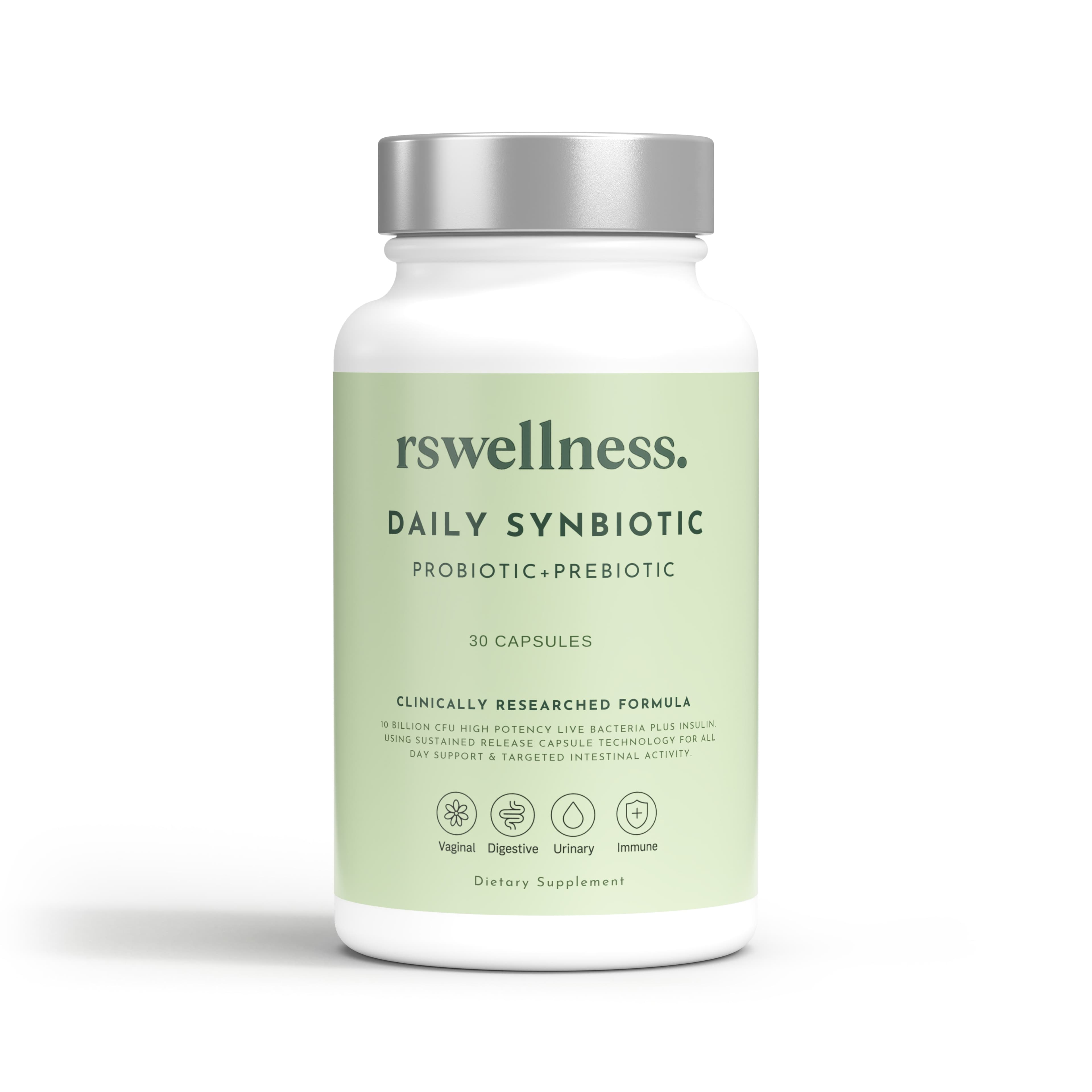 RS Wellness probiotic capsules styled with soft linen